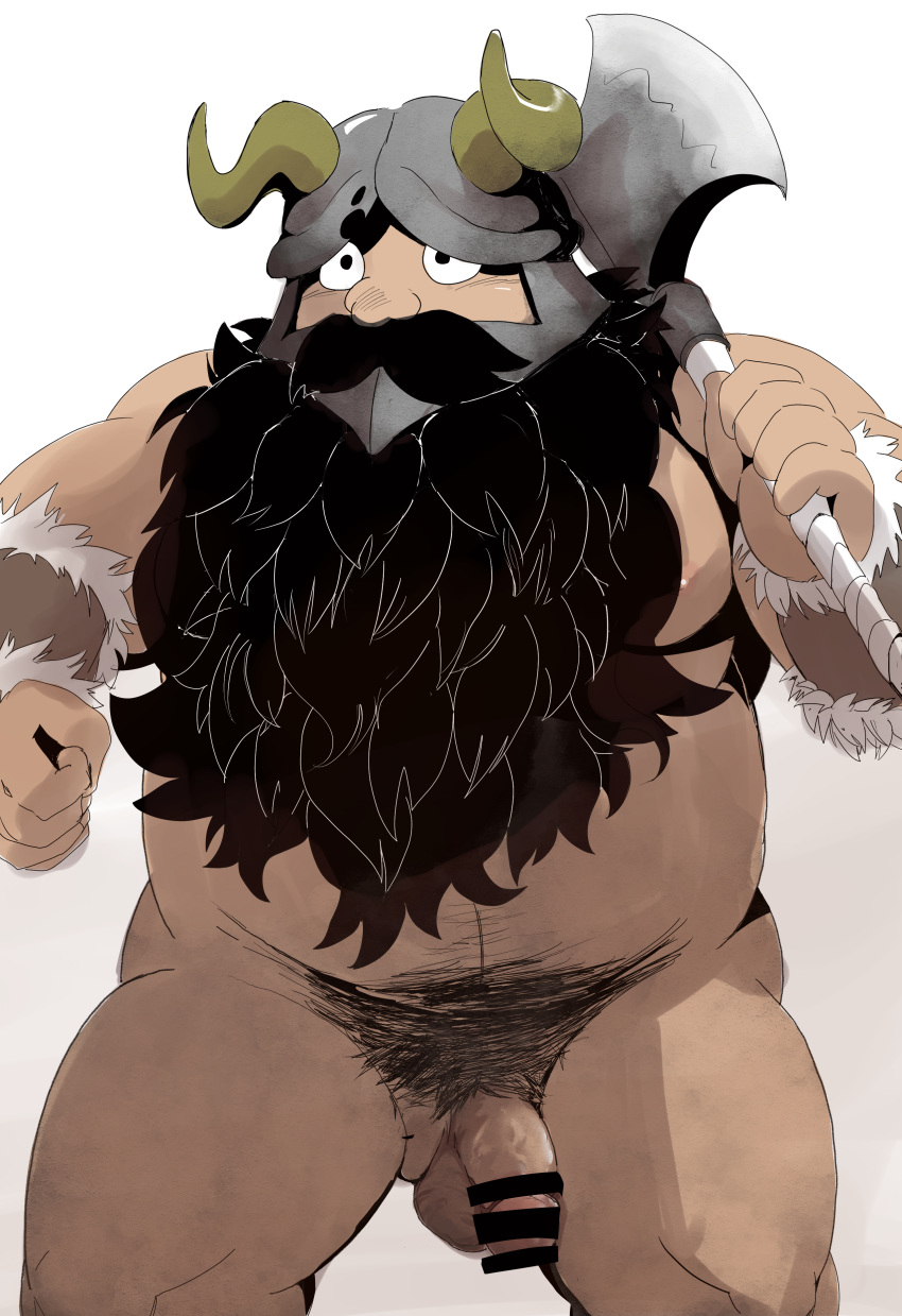 1boy absurdres axe bara battle_axe beard belly brown_hair completely_nude dungeon_meshi dwarf facial_hair fake_horns fat fat_man flaccid hachirouta helmet highres holding holding_axe horned_helmet horns long_beard looking_ahead male_focus male_pubic_hair muscular muscular_male nipples nude over_shoulder pectorals penis pubic_hair senshi_(dungeon_meshi) solo standing thick_mustache very_long_beard weapon weapon_over_shoulder