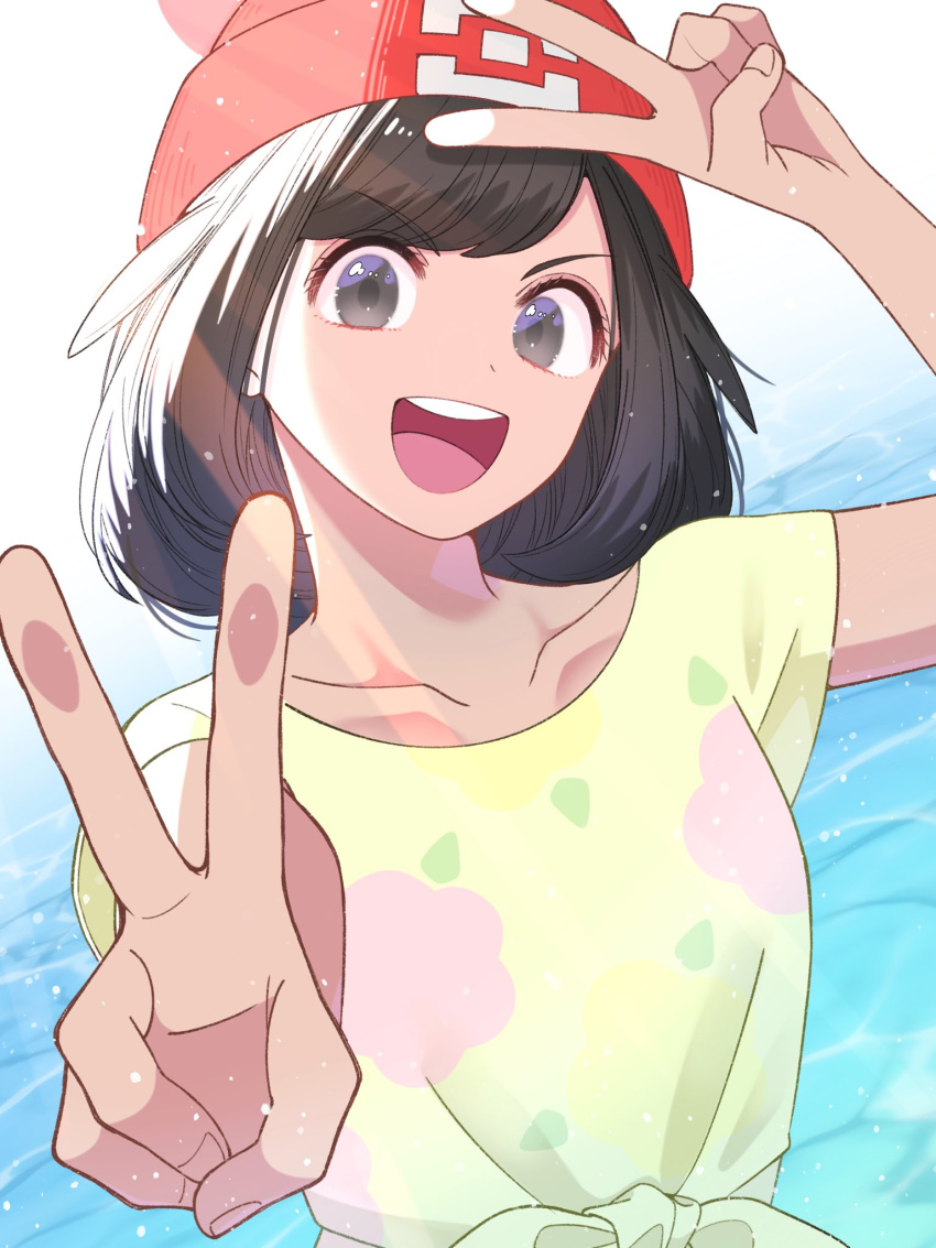 1girl :d arm_up beanie black_hair collarbone commentary_request day double_v grey_eyes happy hat highres kana_(kanna_runa0620) looking_at_viewer medium_hair open_mouth outdoors pokemon pokemon_sm selene_(pokemon) shirt short_sleeves smile solo t-shirt teeth tied_shirt tongue upper_body upper_teeth_only v yellow_shirt