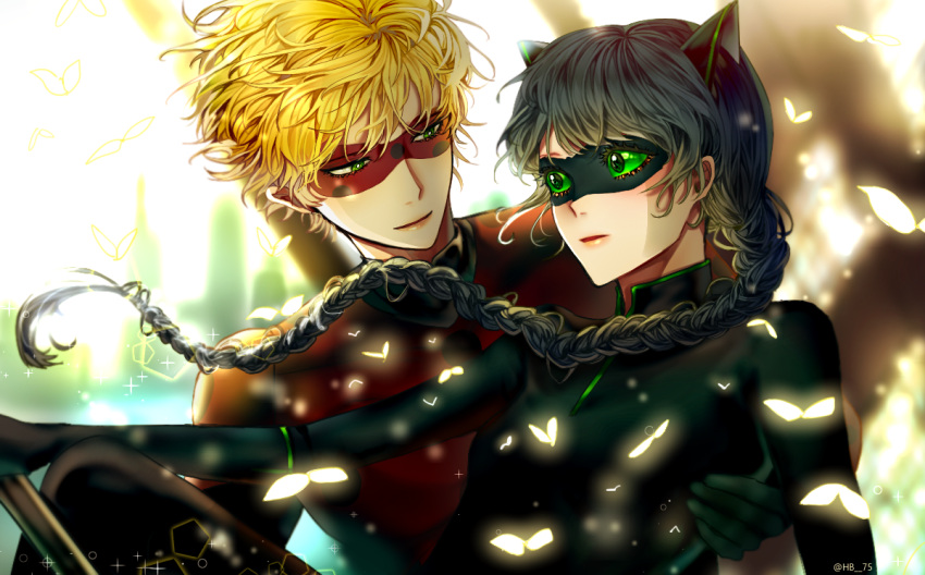 1boy 1girl adrien_agreste animal_ears black_bodysuit black_hair black_mask blonde_hair bodysuit braid carrying cat_ears cat_girl closed_mouth green_eyes hshee99 lady_noir long_hair marinette_dupain-cheng mask miraculous_ladybug misterbug_(character) red_bodysuit red_mask single_braid smile superhero_costume