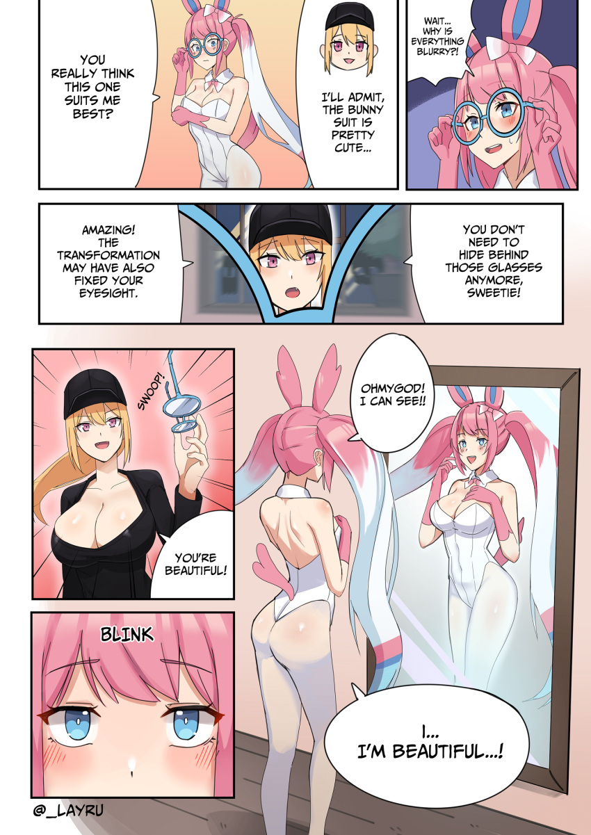 after_transformation big_breasts blonde_hair blue_eyes blue_hair blush breasts bunny_costume clothed clothing colored comic costume dialogue duo eeveelution english_text female gender_transformation generation_6_pokemon hair happy hi_res human humanoid layruwu long_hair looking_at_self mammal medium_breasts mirror mtf_transformation nintendo open_mouth open_smile pigtails pink_eyes pink_hair pokemon pokemon_(species) pokemon_humanoid smile species_transformation speech_bubble sylveon text transformation white_hair