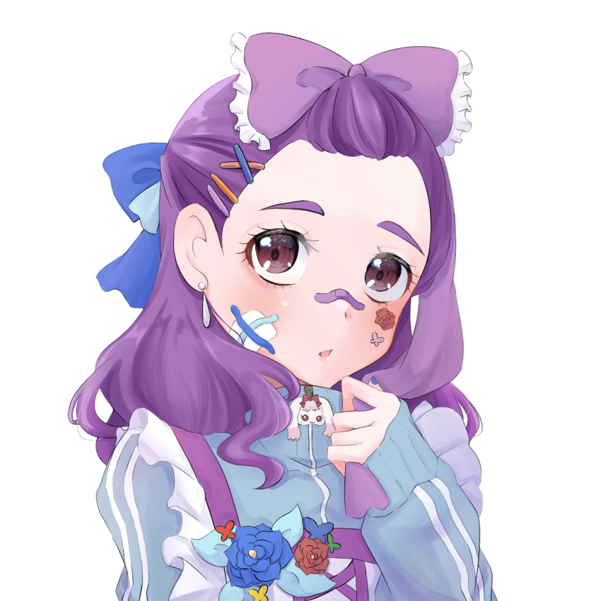 1girl bandage_on_face bandages bandaid bandaid_on_face bandaid_on_nose blue_bow blue_flower blue_jacket blue_rose bow earrings flower hair_bow hair_ornament hair_pulled_back hairclip highres jacket jewelry long_sleeves medium_hair milk_(yes!_precure_5) mimino_kurumi parted_lips precure purple_bow purple_eyes purple_hair rose shigen_pr simple_background sleeves_past_wrists solo track_jacket white_background x_hair_ornament yes!_precure_5 yes!_precure_5_gogo!