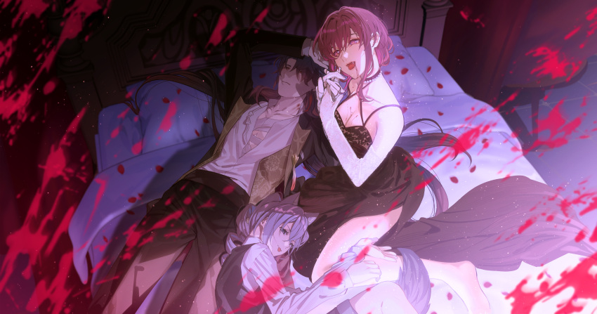 1boy 2girls :p absurdres animal_ears bandaged_chest black_dress black_pants black_vest blade_(honkai:_star_rail) blood blood_from_mouth blood_on_breasts blood_splatter blush breasts cleavage collarbone dress elbow_gloves fang fangs gloves grey_hair hair_between_eyes hair_spread_out highres holding_hands honkai:_star_rail honkai_(series) interlocked_fingers kafka_(honkai:_star_rail) lace lace_gloves long_hair long_sleeves looking_at_viewer lying multiple_girls on_back on_bed open_clothes open_shirt pants petals red_hair rose_petals sidelocks silver_wolf_(honkai:_star_rail) sleeveless sleeveless_dress tail tongue tongue_out vampire_bite vest zassyoku_dd