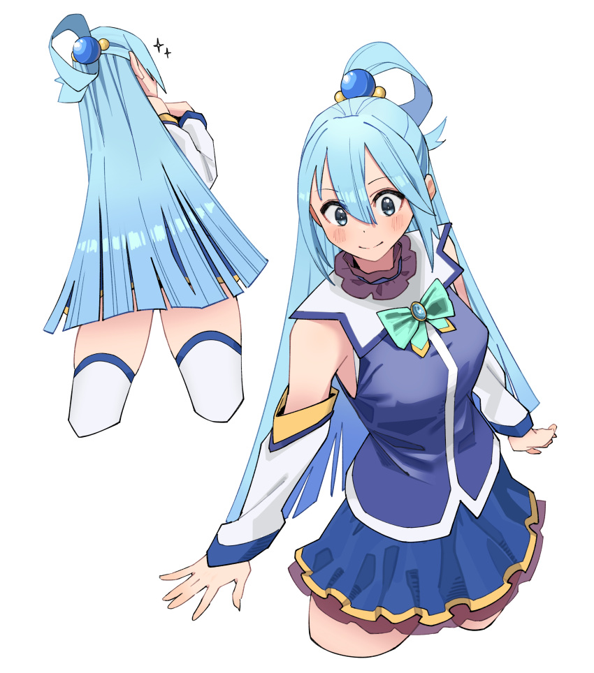 1girl absurdres aqua_(konosuba) bare_shoulders blue_eyes blue_hair blue_shirt blue_skirt blush bow bowtie closed_mouth cowboy_shot detached_sleeves green_bow green_bowtie hair_between_eyes highres kono_subarashii_sekai_ni_shukufuku_wo! lewdrawings long_hair multiple_views shirt simple_background single_hair_ring skirt smile star_(symbol) thighhighs thighs very_long_hair white_background white_sleeves white_thighhighs zettai_ryouiki