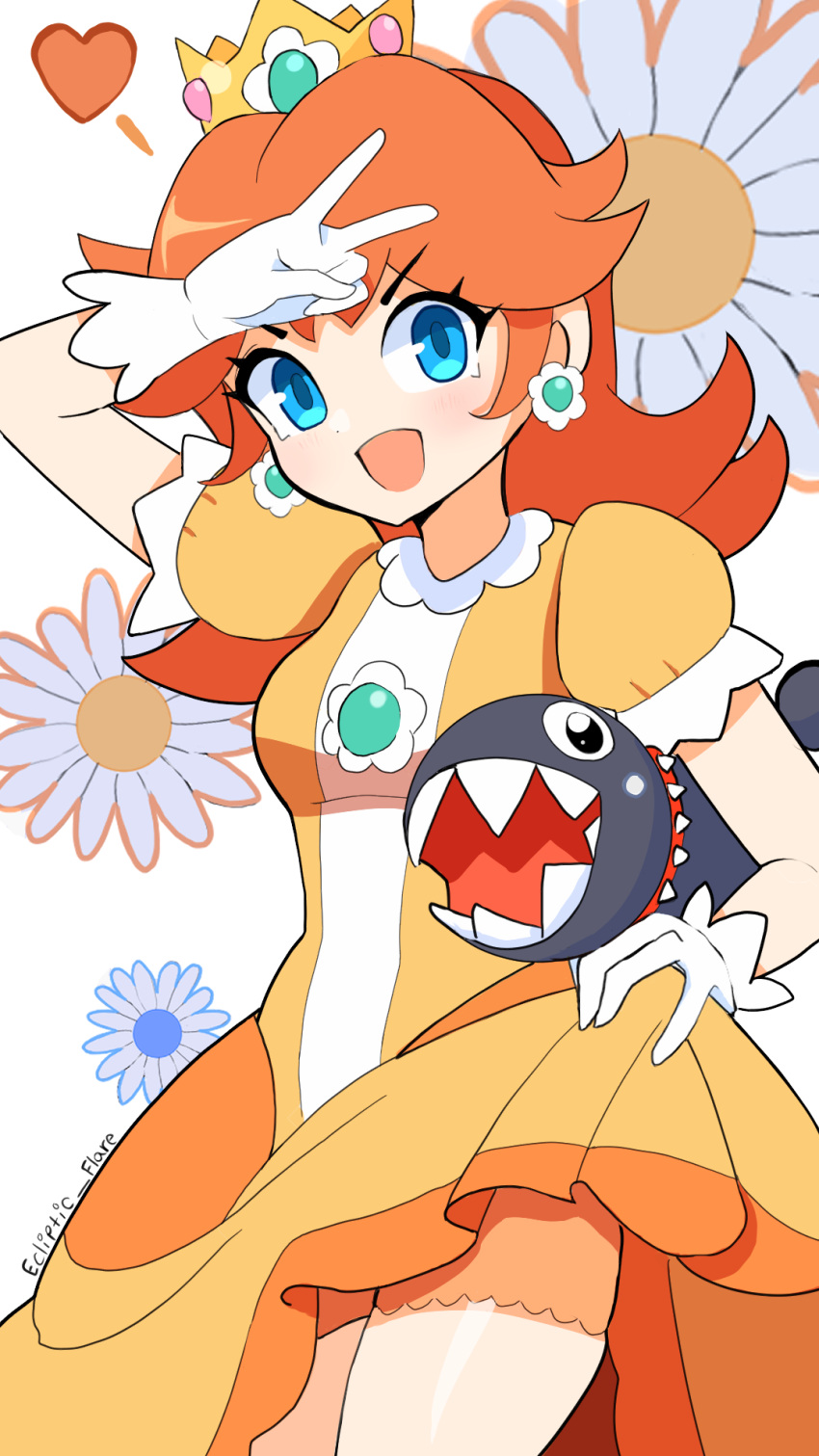 1girl :d artist_name blue_eyes breasts chain_chomp clothes_lift collar crown daisy dress earrings eclipxare flower flower_earrings gloves heart highres jewelry long_hair mario_(series) orange_hair princess_daisy skirt skirt_lift small_breasts smile spiked_collar spikes standing white_gloves yellow_dress