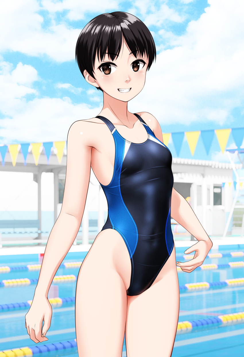 1girl absurdres black_hair black_one-piece_swimsuit blurry blurry_background borrowed_character breasts brown_eyes commentary_request competition_swimsuit covered_navel cowboy_shot grin groin highleg highleg_swimsuit highres multicolored_clothes multicolored_swimsuit one-piece_swimsuit original pool short_hair small_breasts smile solo standing string_of_flags swimsuit takafumi variant_set