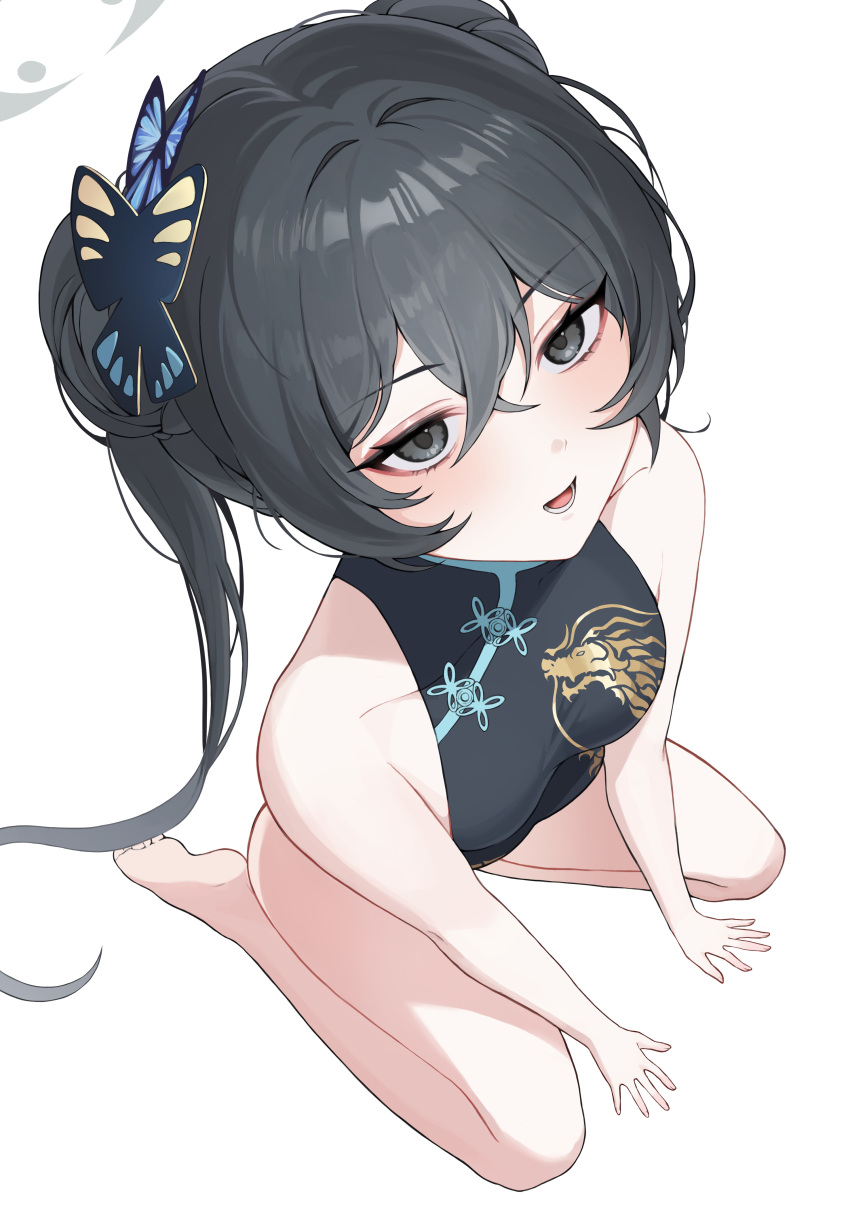 1girl absurdres bare_shoulders barefoot black_dress blue_archive blush braid braided_bun breasts butterfly_hair_ornament china_dress chinese_clothes double_bun dragon_print dress hair_bun hair_ornament halo highres kisaki_(blue_archive) long_hair looking_at_viewer open_mouth oyasumisan01 small_breasts solo