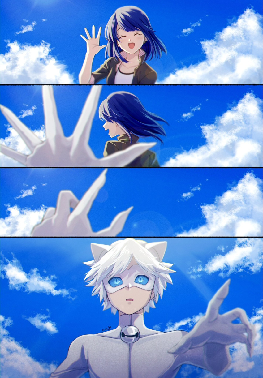 1boy 1girl adrien_agreste animal_ears bell blue_hair blue_sky bodysuit cat_boy cat_ears chat_blanc closed_eyes cloud cloudy_sky highres hm89509321 jingle_bell marinette_dupain-cheng mask miraculous_ladybug open_mouth sky slit_pupils smile superhero_costume white_bodysuit white_hair white_mask