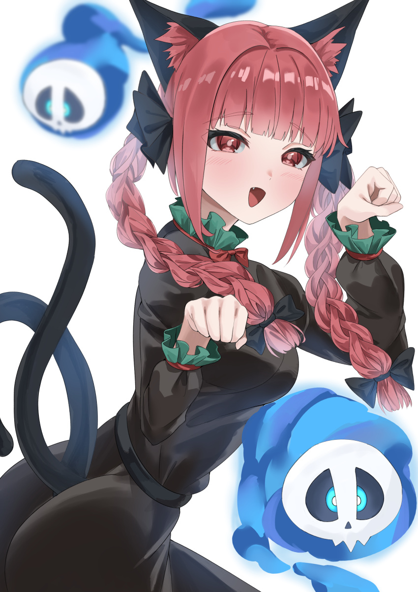 1girl :d absurdres animal_ear_fluff animal_ears ass belt black_belt blunt_bangs blush bow braid cat_ears cat_girl cat_tail cowboy_shot fang hair_bow hands_up highres hitodama kaenbyou_rin looking_ahead medium_hair multiple_tails nekomata open_mouth ramiki red_eyes red_hair sidelocks simple_background smile solo tail tongue touhou twin_braids two_tails white_background