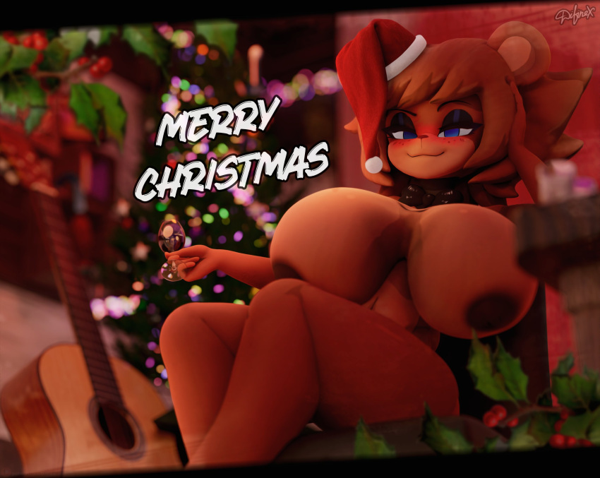 anthro bear big_breasts blue_eyes blush breasts christmas christmas_clothing christmas_headwear clothing difinex female five_nights_at_freddy's freddy_(fnaf) fredina's_nightclub fredina_(cally3d) guitar hat headgear headwear hi_res holidays holly_(plant) huge_breasts mammal musical_instrument nipples nude plant plucked_string_instrument ribbons santa_hat scottgames solo string_instrument