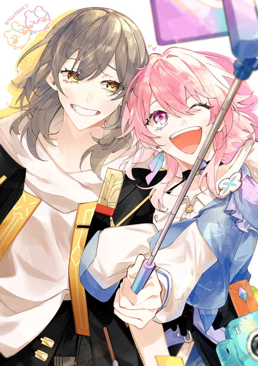 2girls :d absurdres black_jacket blonde_hair blue_eyes blush camera colored_shadow double-parted_bangs drop_shadow grey_hair grin hair_between_eyes highres holding honkai:_star_rail honkai_(series) jacket locked_arms long_sleeves looking_at_another march_7th_(honkai:_star_rail) multiple_girls one_eye_closed open_clothes open_jacket open_mouth pink_eyes pink_hair round_teeth selfie selfie_stick shadow shirt shirt_partially_tucked_in short_hair smile sorako_(yoshida_t) stelle_(honkai:_star_rail) teeth trailblazer_(honkai:_star_rail) two-tone_eyes white_shirt wubbaboo_(honkai:_star_rail)