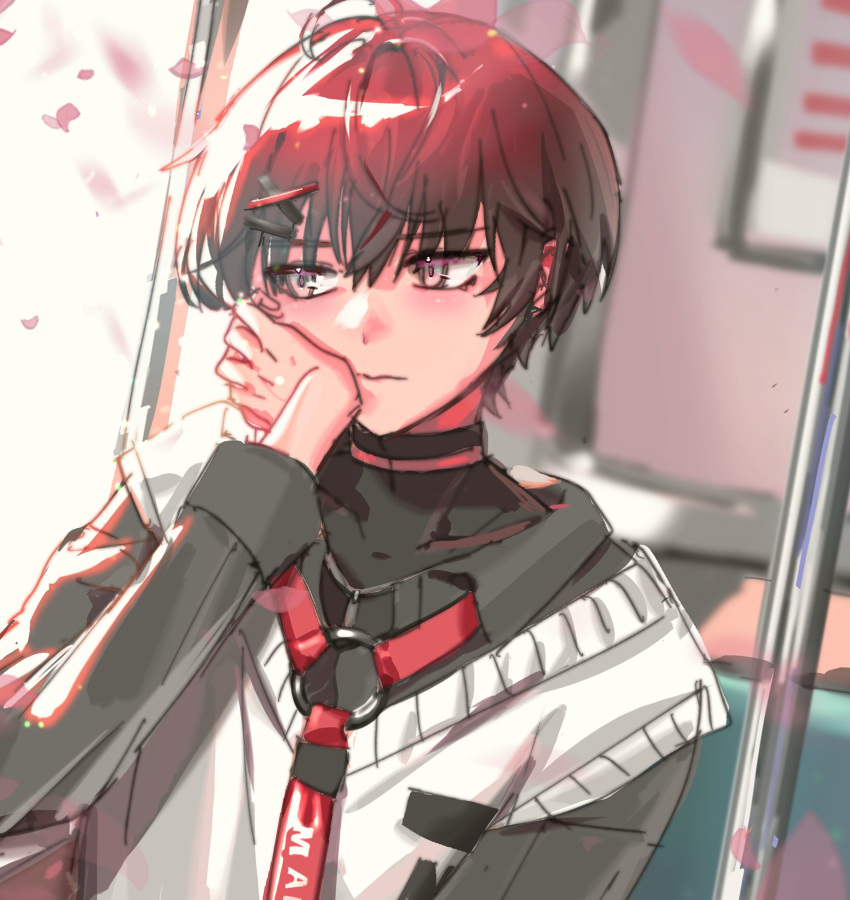 1boy black_choker black_hair blurry blurry_background cherry_blossoms choker closed_mouth english_commentary facing_viewer falling_petals gradient_hair hair_between_eyes highres holostars holostars_english joan64rk looking_outside looking_to_the_side machina_x_flayon machina_x_flayon_(2nd_costume) male_focus multicolored_hair o-ring_strap petals red_hair short_hair sidelighting solo sweater_vest two-tone_hair upper_body virtual_youtuber window