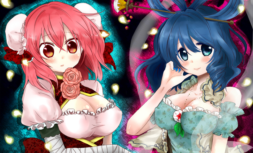 bandages bare_shoulders blue_eyes blue_hair blush breasts bun_cover cleavage covered_nipples double_bun flower hair_ornament hair_rings hair_stick ibaraki_kasen jewelry kaku_seiga large_breasts moryu multiple_girls necklace pink_hair red_eyes rose shawl short_hair smile touhou upper_body vest