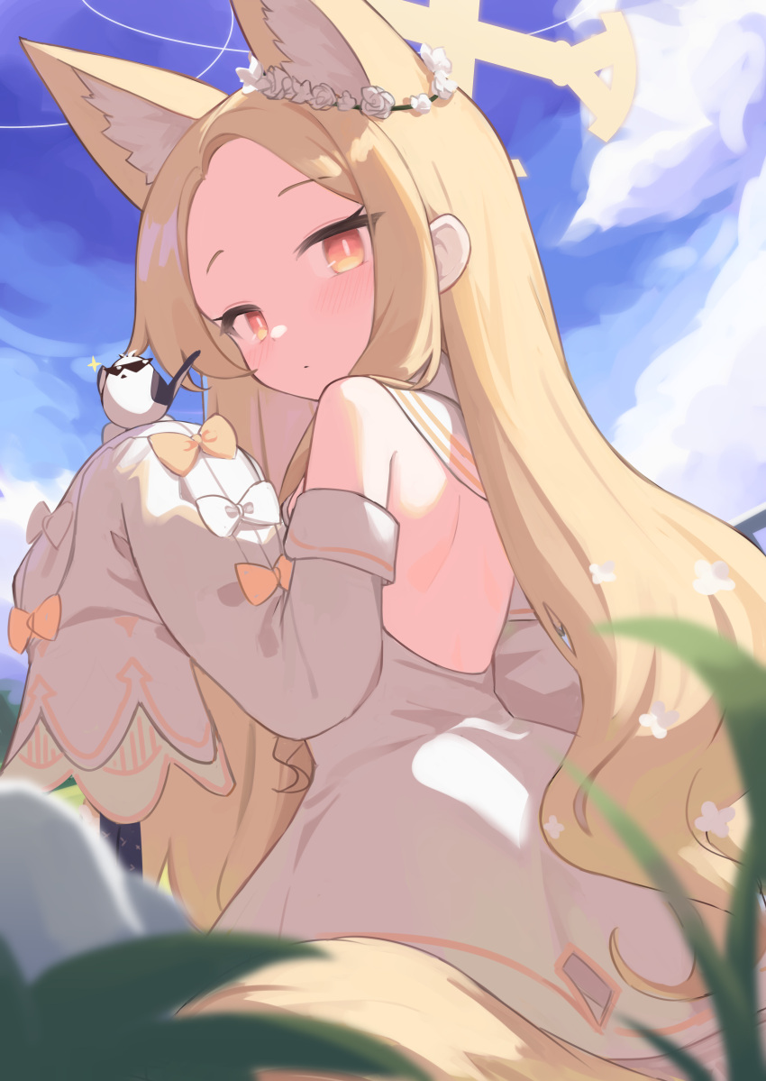 1girl absurdres animal animal_ear_fluff animal_ears bare_shoulders bird blonde_hair blue_archive blush closed_mouth day detached_sleeves dress fox_ears fox_tail halo highres klaius long_hair looking_at_viewer outdoors seia_(blue_archive) sleeves_past_fingers sleeves_past_wrists solo tail white_bird white_dress white_sleeves yellow_eyes yellow_halo