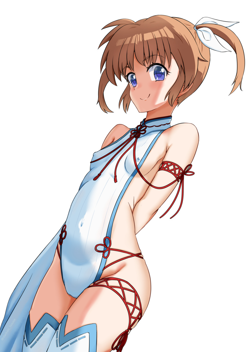 1girl blue_eyes blush breasts brown_hair cameltoe closed_mouth covered_navel covered_nipples darken_(darken13) hair_ribbon highres leotard looking_at_viewer lyrical_nanoha mahou_shoujo_lyrical_nanoha mahou_shoujo_lyrical_nanoha_a's ribbon short_hair simple_background small_breasts smile solo takamachi_nanoha thighhighs twintails white_background white_leotard white_thighhighs