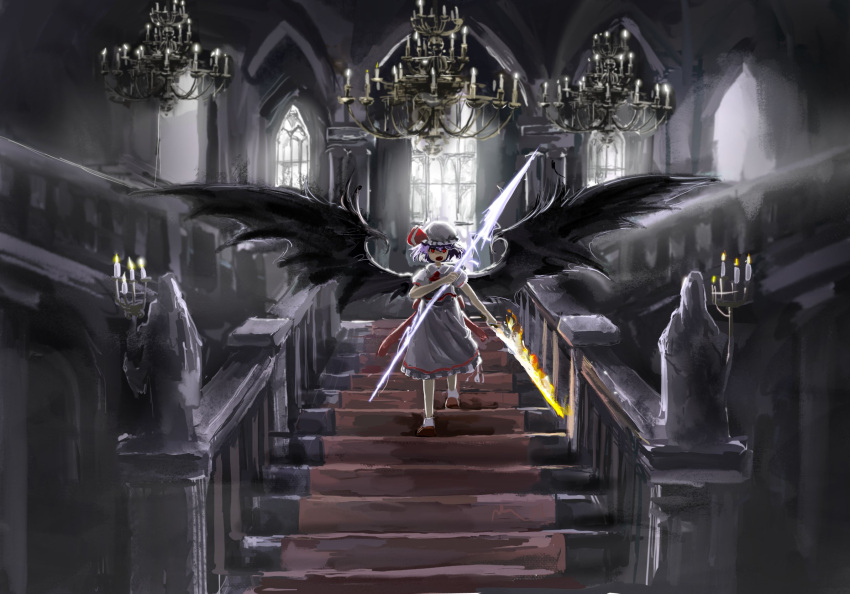 1girl bat_wings candle candlestand chandelier energy fire hat hat_ribbon highres holding holding_polearm holding_sword holding_weapon indoors looking_at_viewer mob_cap open_mouth polearm puffy_short_sleeves puffy_sleeves purple_eyes red_eyes remilia_scarlet ribbon short_hair short_sleeves solo stairs sword touhou weapon window wings zhuxie1264852
