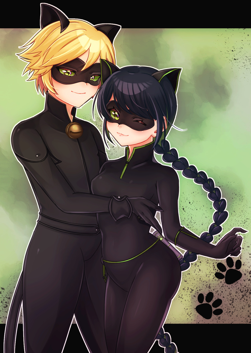 adrien_agreste animal_ears bell black_bodysuit black_hair black_mask blonde_hair bodysuit braid cat_boy cat_ears cat_girl chat_noir closed_mouth green_eyes highres jingle_bell lady_noir long_hair marinette_dupain-cheng mask miraculous_ladybug one_eye_closed single_braid slit_pupils smile superhero_costume user_yvff7347