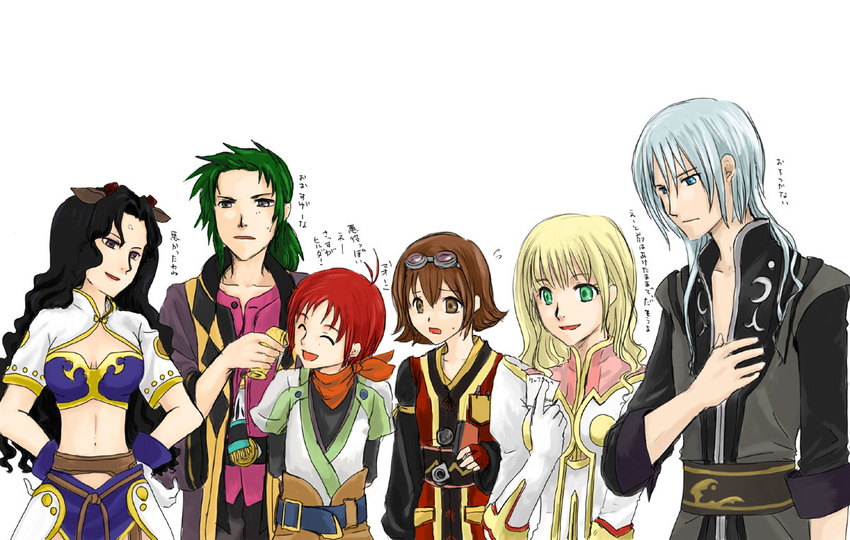 3boys 3girls ahoge animal_ears annie_barrs black_hair blonde_hair blue_eyes blue_hair breasts brown_eyes brown_hair claire_bennett coat cosplay estellise_sidos_heurassein estellise_sidos_heurassein_(cosplay) eyes_closed goggles green_eyes green_hair grey_eyes hilda_rhambling horns judith judith_(cosplay) karol_capel karol_capel_(cosplay) long_hair mao_(tales) mao_(tor) midriff multiple_boys multiple_girls navel purple_eyes raven raven_(cosplay) raven_(tov) red_hair rita_mordio rita_mordio_(cosplay) scarf short_hair tales_of_(series) tales_of_rebirth tales_of_vesperia tytree_crowe veigue_lungberg yuri_lowell yuri_lowell_(cosplay)