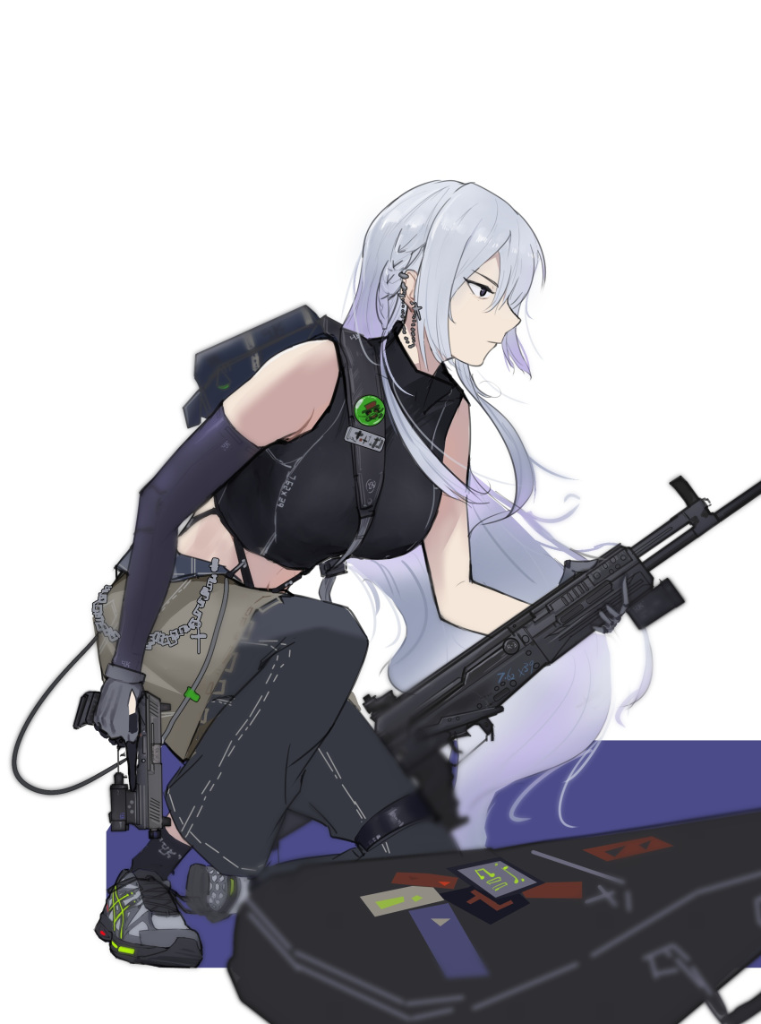 1girl absurdres ak-15 ak-15_(girls'_frontline) assault_rifle backpack bag black_pants black_shirt black_sleeves braid chain concentrating crop_top detached_sleeves earrings floating_hair girls'_frontline gloves green_skirt green_sleeves grey_hair gun hair_between_eyes hair_over_one_eye handgun highres holding holding_gun holding_weapon jewelry kalashnikov_rifle kneeling laser_sight long_hair long_sleeves michaeliadalto9 midriff pants purple_eyes rifle shirt shoes short_sleeves single_braid skirt sleeveless sleeveless_shirt sneakers solo very_long_hair weapon weapon_case