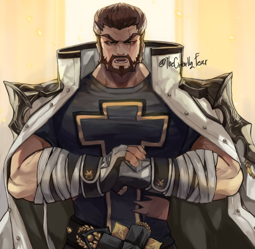 1boy bara beard dnf_duel dungeon_and_fighter facial_hair fist_in_hand frown highres large_pectorals looking_at_viewer male_focus male_priest_(dungeon_and_fighter) mature_male muscular muscular_male pectorals priest saint_(dungeon_and_fighter) shirt solo straight-on thecrawlingfear thick_beard thick_eyebrows torn_clothes torn_shirt tsurime