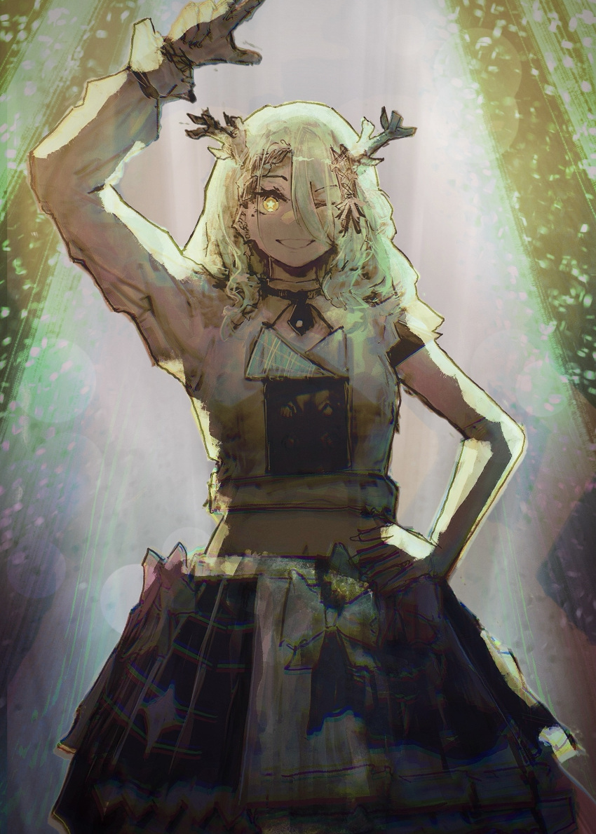 1girl absurdres antlers antsplorer black_skirt braid braided_bangs branch ceres_fauna glowing glowing_eyes green_hair hair_ornament hair_over_one_eye hand_on_own_hip hand_up highres hololive hololive_english horns light_rays long_hair long_sleeves looking_at_viewer mole mole_under_eye navel plaid plaid_skirt pleated_skirt short_sleeves skirt smile solo star_(symbol) star_in_eye symbol_in_eye tree_horns virtual_youtuber w waving yellow_eyes