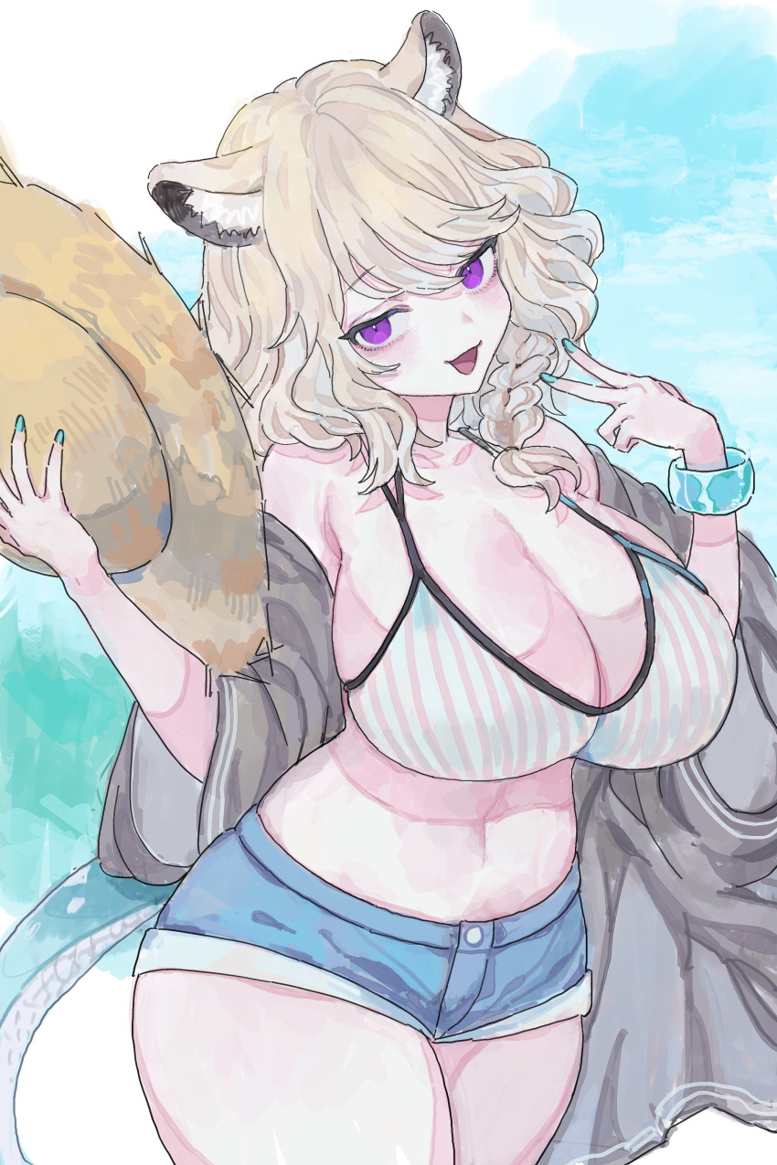 1girl absurdres animal_ear_fluff aqua_nails arknights blue_tail breasts cleavage cowboy_shot hat highres holding holding_clothes holding_hat large_breasts open_clothes open_mouth purple_eyes rocb smile solo thick_thighs thighs utage_(arknights) utage_(summer_flowers)_(arknights)