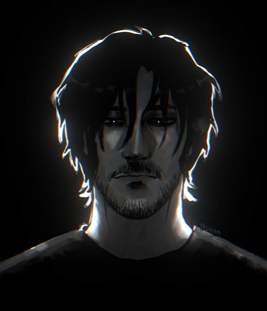 1boy backlighting beard black_background black_hair black_shirt closed_mouth crunch_joemama expressionless facial_hair glowing_pupils greyscale hair_between_eyes highres male_focus markiplier mature_male monochrome narrowed_eyes portrait real_life realistic shirt short_hair signature solo