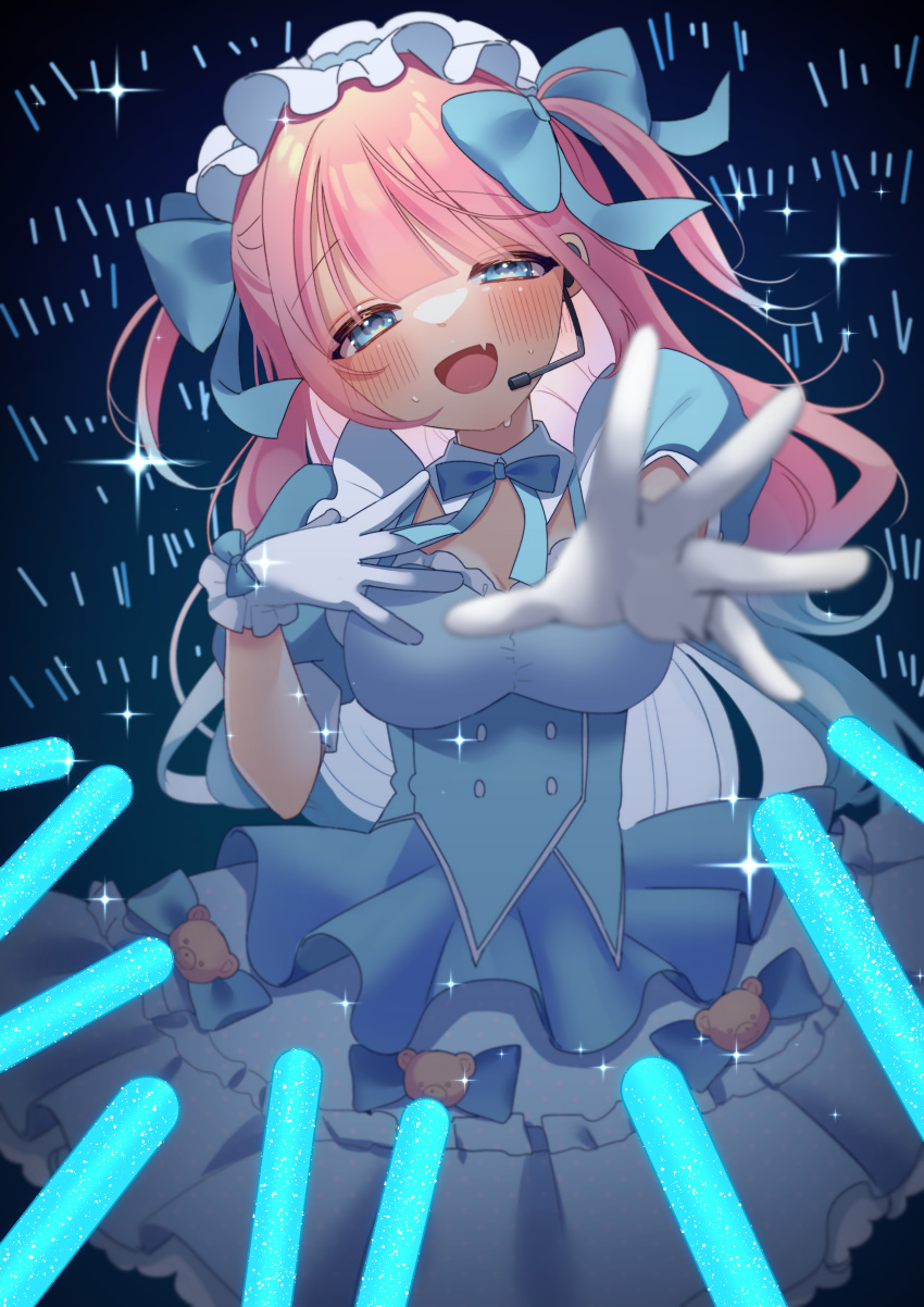 1girl absurdres blue_bow blue_bowtie blue_dress blue_eyes blue_ribbon blush bow bowtie breasts cleavage detached_collar dress fang frilled_dress frilled_hairband frills gloves glowstick hairband half-closed_eyes hand_on_own_chest highres long_hair looking_at_viewer mouthpiece open_mouth original pink_hair puffy_short_sleeves puffy_sleeves reaching reaching_towards_viewer ribbon short_sleeves skin_fang solo sparkle sweat two_side_up upper_body uu3cm very_long_hair white_gloves