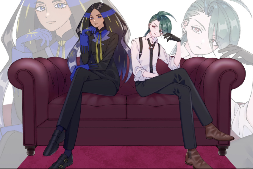 2girls androgynous black_footwear black_gloves black_hair black_jacket black_necktie black_pants blue_gloves blue_shirt brown_footwear buttons collared_shirt couch crossed_legs dark-skinned_female dark_skin geeta_(pokemon) gloves green_hair jacket kana_(kanna_runa0620) long_hair long_sleeves multiple_girls neck_ribbon necktie pants pokemon pokemon_sv ponytail reverse_trap ribbon rika_(pokemon) rug shirt shoes sitting socks suspenders yellow_ribbon zoom_layer