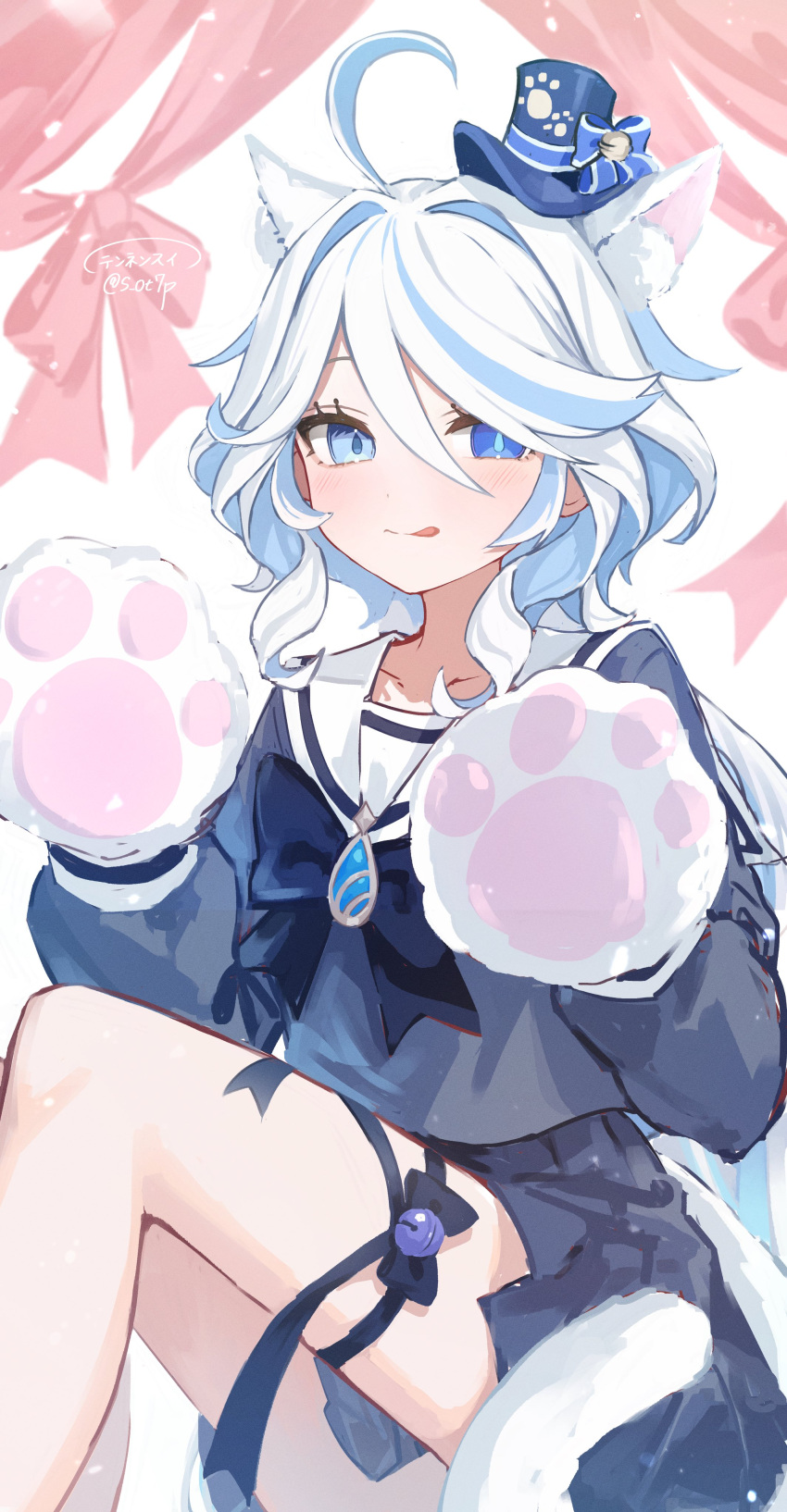 1girl :p absurdres alternate_costume animal_ear_fluff animal_ears animal_hands black_bow black_bowtie black_skirt blue_eyes blue_hair blue_hat blush bow bowtie brooch cat_ears cat_girl cat_tail commentary cowlick drop-shaped_pupils feet_out_of_frame furina_(genshin_impact) genshin_impact gloves hat heterochromia highres jewelry knees_up light_blue_hair long_hair long_sleeves looking_at_viewer midorinokaibutu4500 mini_hat multicolored_hair paw_gloves pleated_skirt sailor_collar signature simple_background skirt solo streaked_hair symbol-shaped_pupils tail thigh_bow tongue tongue_out top_hat wavy_hair white_background white_hair white_sailor_collar