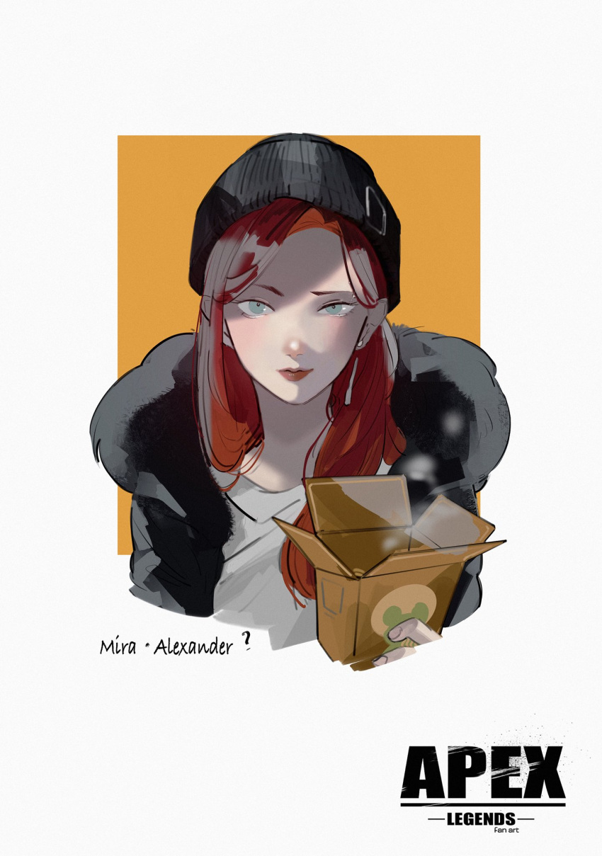 1girl apex_legends beanie black_hat black_jacket blue_eyes blush box character_name copyright_name earrings grey_shirt hair_behind_ear hat highres holding holding_box jacket jewelry looking_at_viewer mila_alexander red_hair red_lips shirt smile solo steam watashida
