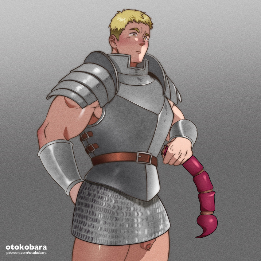 1boy armor bara belt blonde_hair blush dungeon_meshi highres laios_thorden male_focus muscular muscular_male naked_armor otokobara pectorals penis penis_peek plate_armor short_hair sidepec solo thick_eyebrows thighs