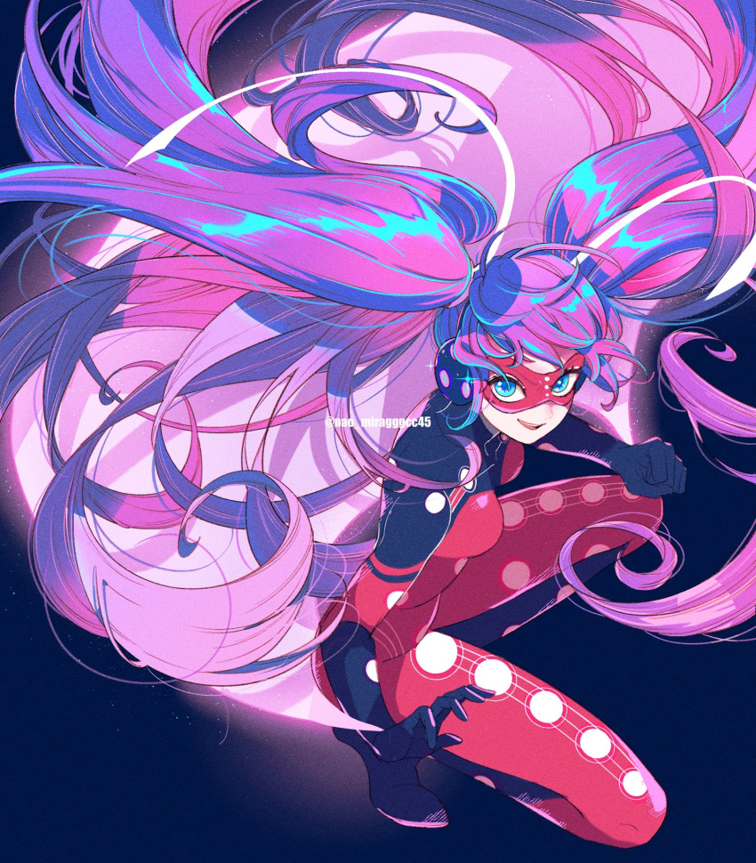 1girl blue_eyes bodysuit highres ladybiquity_(character) long_hair looking_at_another marinette_dupain-cheng miraculous_ladybug purple_hair red_bodysuit red_mask seio_(nao_miragggcc45) smile solo superhero_costume twintails