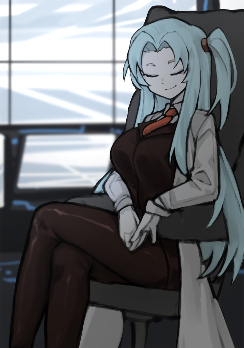 1girl angela_(project_moon) black_skirt black_vest blue_hair breasts brown_pantyhose chair closed_eyes closed_mouth coat collared_shirt crossed_legs highres lab_coat large_breasts lobotomy_corporation long_hair long_sleeves monitor necktie office_chair one_side_up pantyhose parted_bangs pencil_skirt project_moon red_necktie shigezie shirt sidelocks sitting skirt smile solo swivel_chair very_long_hair vest white_coat white_shirt