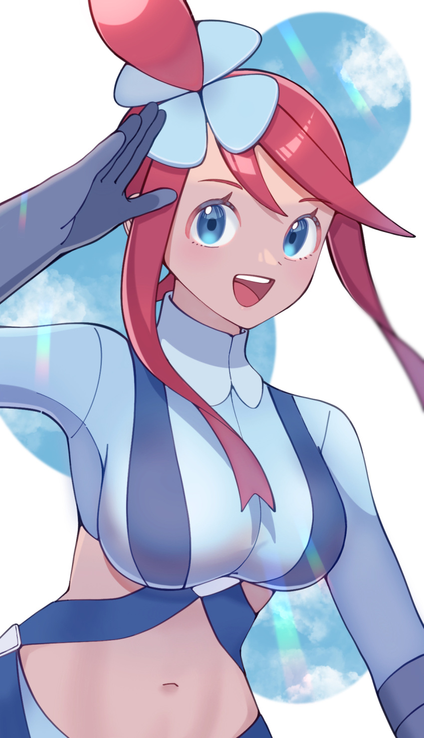 1girl :d arm_up blue_eyes blue_gloves blue_jacket blue_shorts breasts crop_top cropped_jacket gloves hair_ornament happy highres jacket kana_(kanna_runa0620) looking_at_viewer midriff navel one_side_up open_mouth pokemon pokemon_bw red_hair short_hair_with_long_locks shorts sidelocks skyla_(pokemon) smile solo teeth tongue turtleneck upper_teeth_only