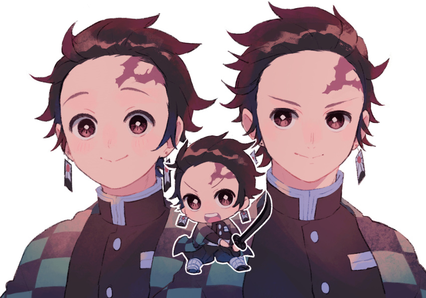 1boy black_hair demon_slayer_uniform earrings hanafuda hanafuda_earrings haori highres holding holding_sword holding_weapon japanese_clothes jewelry kamado_tanjirou katana kimetsu_no_yaiba long_hair long_sleeves male_focus multicolored_hair open_mouth pants red_eyes red_hair scar scar_on_face scar_on_forehead shirukokko short_hair smile sword v-shaped_eyebrows weapon