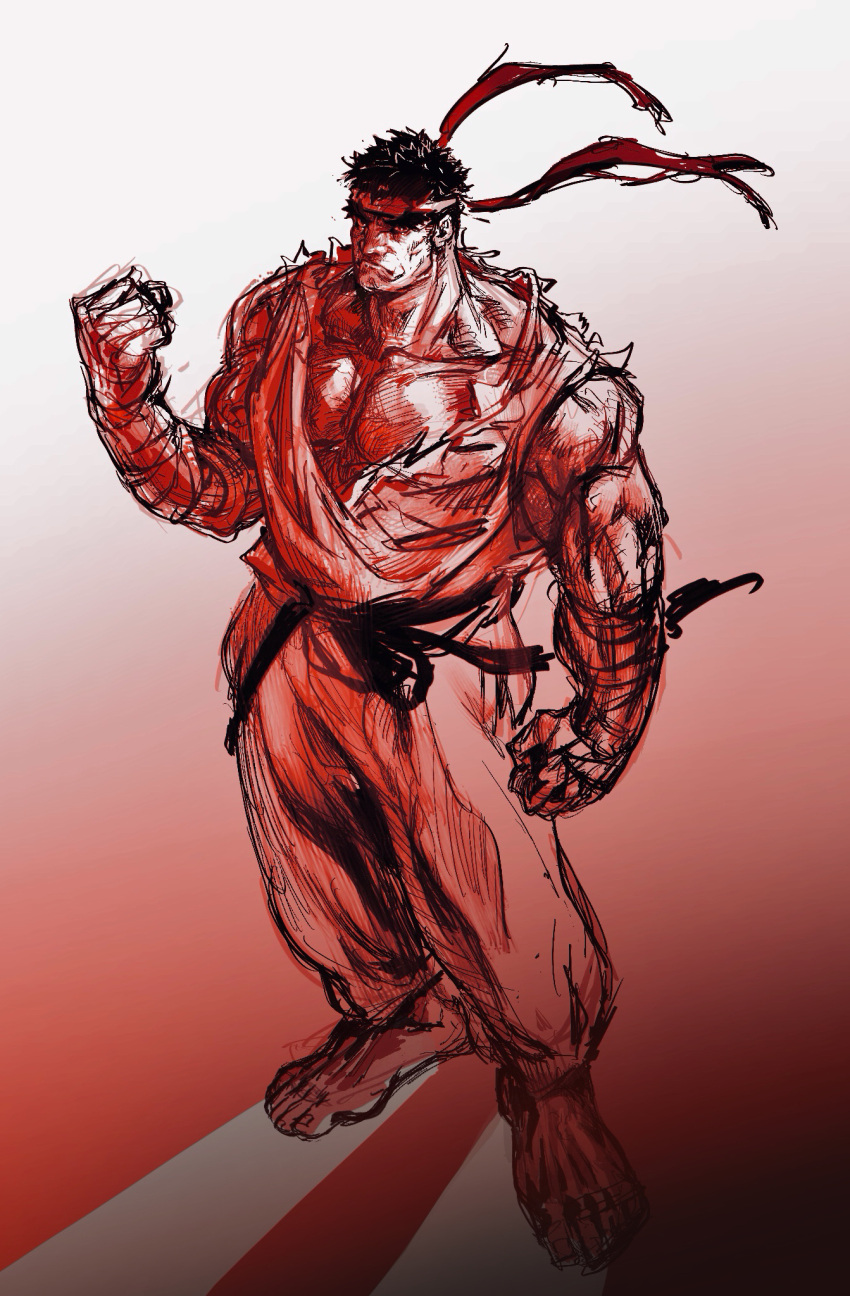 1boy barefoot clenched_hand dougi from_above frown full_body headband highres huge_eyebrows kotei_haijin large_pectorals looking_at_viewer male_focus mature_male muscular muscular_male pants pectoral_cleavage pectorals red_theme ryu_(street_fighter) solo standing street_fighter tsurime unfinished