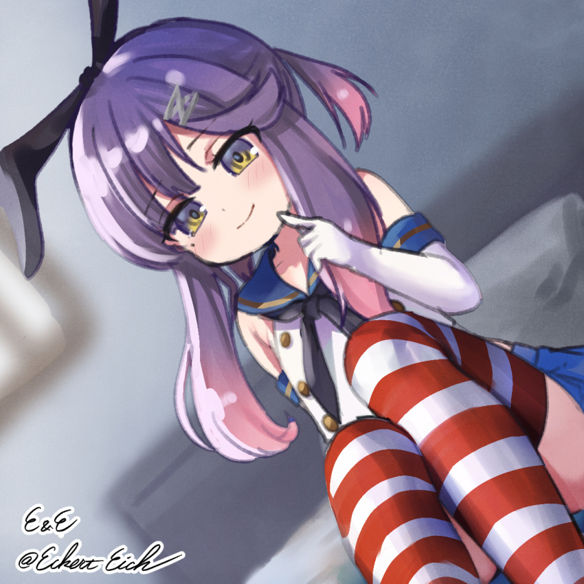 1girl artist_name bed black_hairband black_neckerchief blue_sailor_collar blue_skirt convenient_leg cosplay crop_top dutch_angle eckert&amp;eich elbow_gloves finger_to_mouth gloves gradient_hair hair_ornament hairband hairclip highres kantai_collection low_ponytail microskirt miniskirt multicolored_hair neckerchief one-hour_drawing_challenge pillow pink_hair pleated_skirt purple_eyes purple_hair sailor_collar shimakaze_(kancolle) shimakaze_(kancolle)_(cosplay) shirt short_hair_with_long_locks sitting skirt sleeveless sleeveless_shirt smile solo striped_clothes striped_thighhighs thighhighs tsushima_(kancolle) twitter_username white_gloves