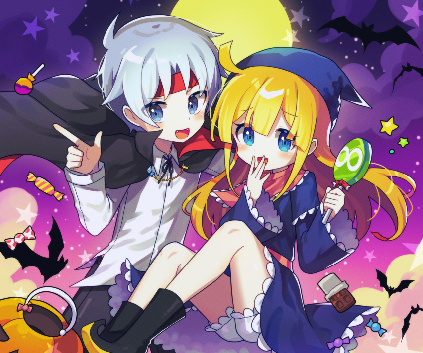 1boy 1girl absurdres bat_(animal) black_cape black_footwear black_pants black_ribbon blonde_hair bloomers blue_eyes blush candy cape chocolate chocolate_bar dress fangs fingernails food frilled_dress frills full_moon grey_hair halloween halloween_bucket headband highres holding holding_candy holding_food holding_lollipop laughing lollipop long_sleeves madou_monogatari moon offbeat pants puyo_(puyopuyo) puyopuyo red_headband ribbon schezo_wegey sharp_fingernails shirt short_hair star_(symbol) vampire_costume white_bloomers white_shirt witch witch_(puyopuyo)