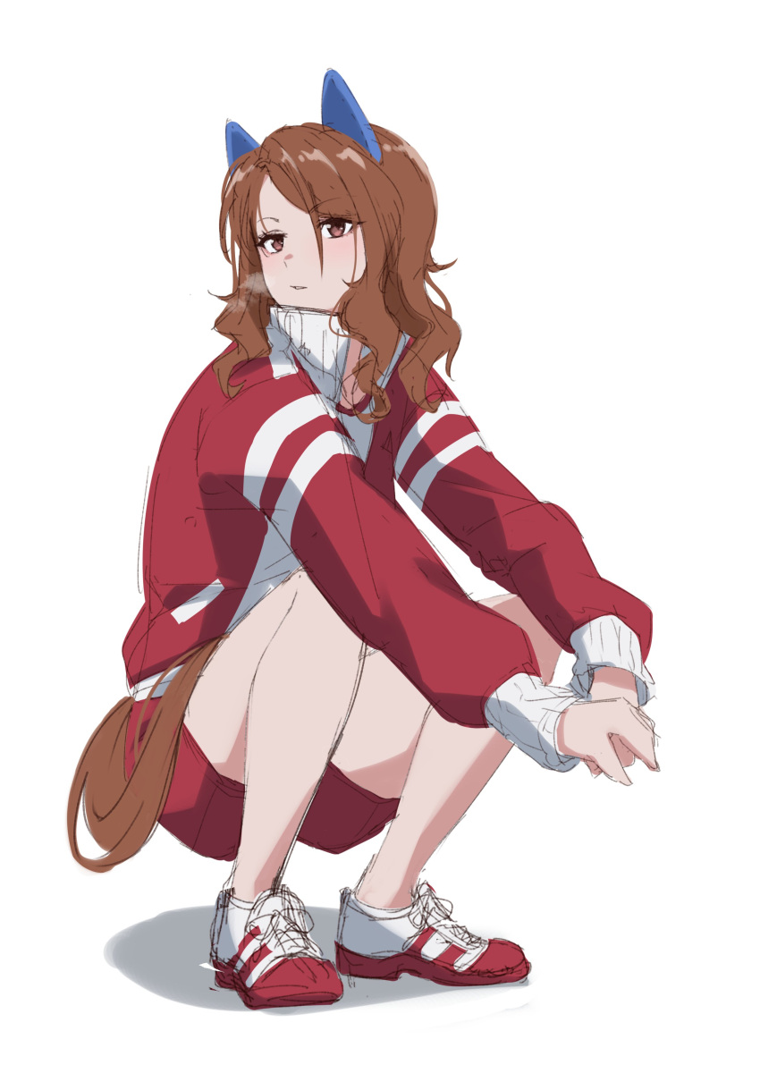 1girl absurdres animal_ears brown_eyes brown_hair danboru_(jdanboru1182) ear_covers full_body highres horse_ears horse_girl jacket king_halo_(umamusume) long_sleeves medium_hair open_clothes open_jacket puffy_long_sleeves puffy_sleeves red_jacket red_shorts shorts simple_background solo squatting tracen_training_uniform umamusume white_background