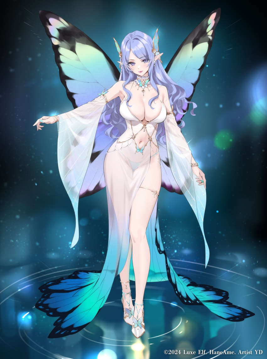 1girl artist_name bare_shoulders blue_eyes blue_hair bracelet breasts butterfly_wings cleavage closed_mouth commentary_request detached_collar dress fingernails full_body gradient_clothes hair_ornament highres insect_wings jewelry lips lipstick long_dress long_hair looking_at_viewer makeup medium_breasts nail_polish navel original panties pointy_ears see-through standing stomach thigh_strap thighs underwear wide_sleeves wings yd_(orange_maru)