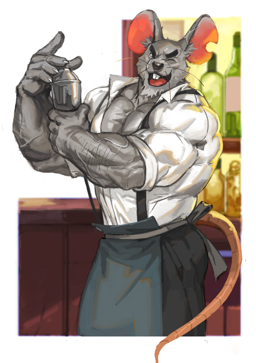 2024 absurd_res anthro barazoku bartender black_nose bottomwear cheesemaster_(cookie_run) clothing cookie_run detailed_background grey_body hi_res humanoid_hands male mammal murid murine muscular muscular_male one_eye_closed pants rat rodent shirt solo topwear traver009 wink
