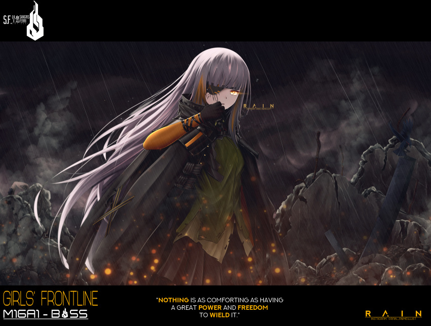 absurdres black_jacket black_skirt clenched_hand eyepatch girls'_frontline highres jacket long_hair long_sleeves looking_at_viewer m16a1_(boss)_(girls'_frontline) m16a1_(girls'_frontline) mole mole_under_eye multicolored_hair rain rain_(acog) ruins scar shirt skirt solo water_drop white_hair yellow_eyes yellow_shirt