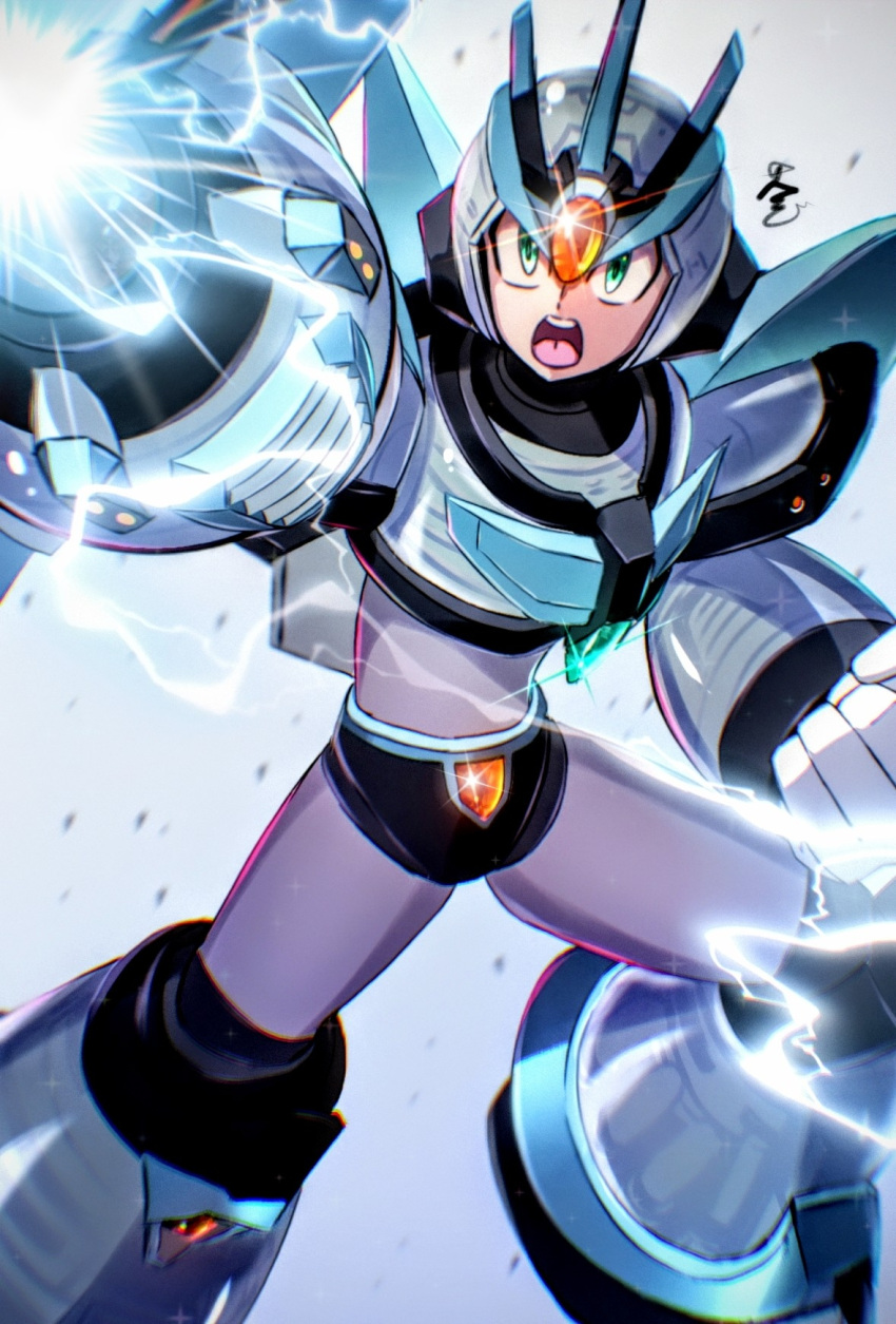 1boy arm_cannon armor cang_she clenched_hand commentary_request energy_weapon foot_out_of_frame forehead_jewel glint green_eyes highres male_focus mega_man_(series) mega_man_x_(series) official_alternate_color shoulder_armor ultimate_armor_x_(mega_man) weapon white_armor white_background white_helmet x_(mega_man)