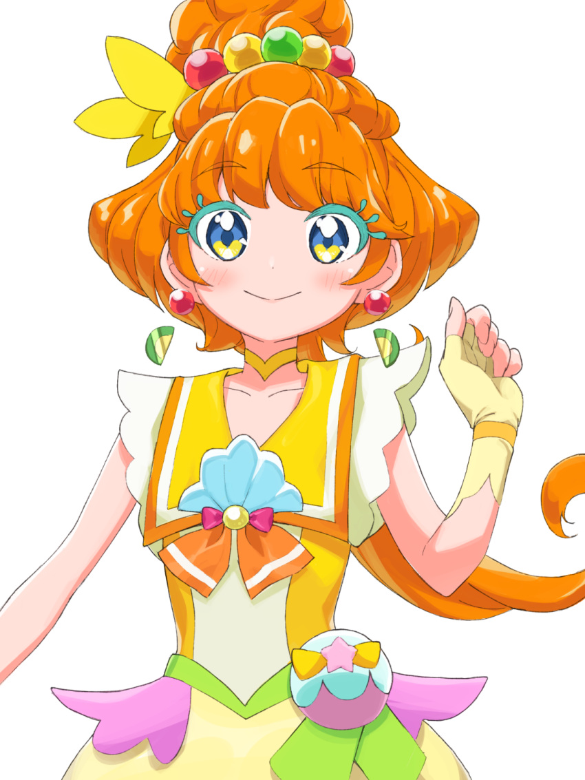 1girl blue_eyes choker closed_mouth colored_eyelashes commentary cure_papaya dress earrings fingerless_gloves gloves hair_bobbles hair_ornament highres ishidai_(ishidai4682) jewelry long_hair looking_at_viewer magical_girl neck_ribbon orange_hair orange_ribbon pouch precure ribbon sailor_collar shell_brooch simple_background sleeveless sleeveless_dress smile solo standing thick_eyelashes tropical-rouge!_precure white_background yellow_choker yellow_dress yellow_gloves yellow_sailor_collar