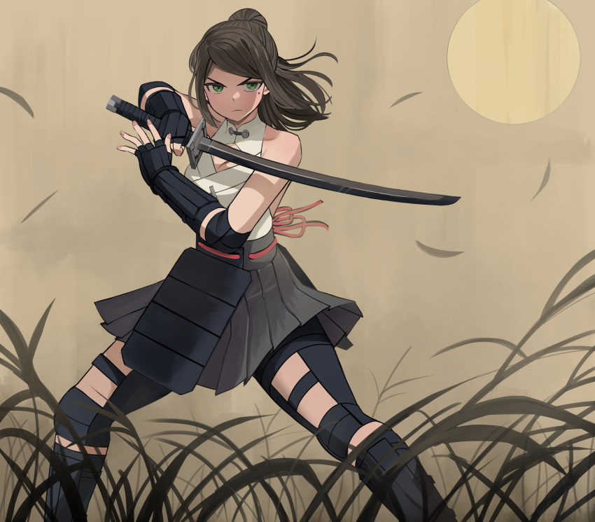 1girl bare_shoulders black_gloves breasts brown_background brown_hair cleavage closed_mouth commentary fighting_stance fingerless_gloves full_moon gloves grass green_eyes grey_skirt highres holding holding_sword holding_weapon jourd4n long_hair mole mole_under_eye moon original pleated_skirt ponytail simple_background skirt standing sword v-shaped_eyebrows vivian_(jourd4n) weapon