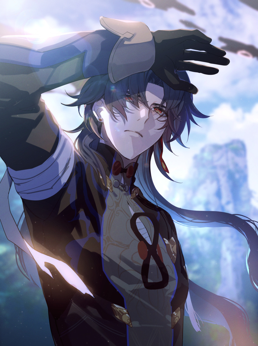 1boy absurdres arm_up bandaged_arm bandaged_chest bandages bandages_over_clothes blade_(honkai:_star_rail) blue_hair blue_sky chinese_clothes closed_mouth clothing_cutout cloud cloudy_sky earrings eyes_visible_through_hair floating_hair frown hair_over_one_eye highres honkai:_star_rail honkai_(series) jewelry long_hair looking_up male_focus mountain outdoors red_eyes shading_eyes sky solo sunlight upper_body zassyoku_dd