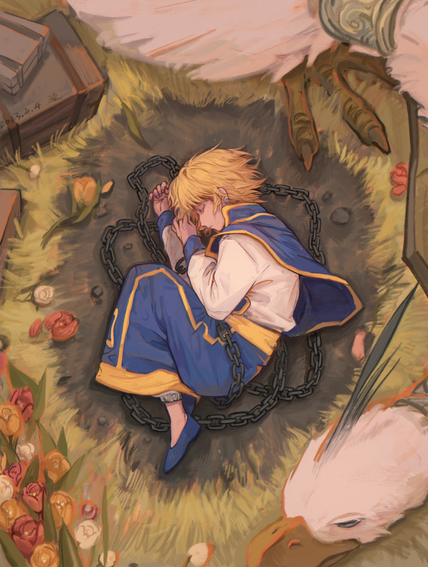 1boy absurdres blonde_hair chain closed_eyes earrings fetal_position flower from_above highres hunter_x_hunter ik18166181ik jewelry kurapika male_focus on_grass red_flower red_tulip short_hair sleeping solo tulip