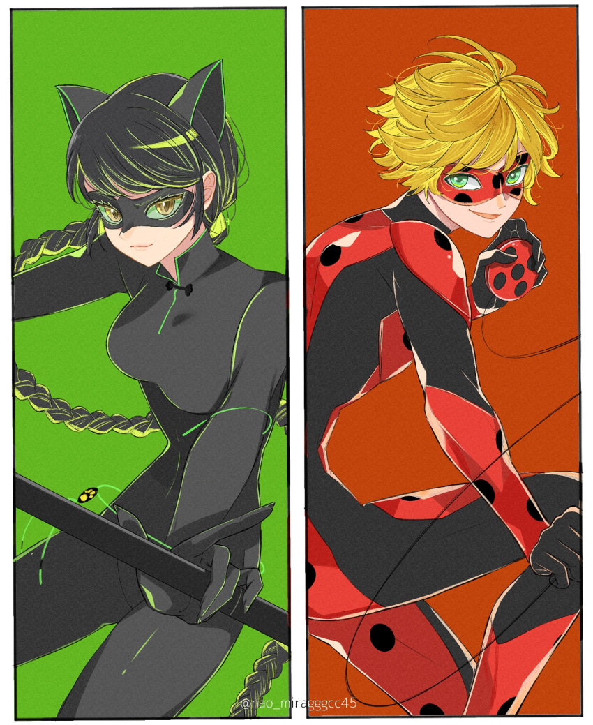 1boy 1girl adrien_agreste animal_ears black_bodysuit black_mask blonde_hair bodysuit braid cat_ears cat_girl closed_mouth green_background green_eyes highres holding holding_weapon lady_noir long_hair marinette_dupain-cheng mask miraculous_ladybug misterbug_(character) orange_background red_bodysuit red_mask seio_(nao_miragggcc45) single_braid slit_pupils smile superhero_costume weapon yo-yo