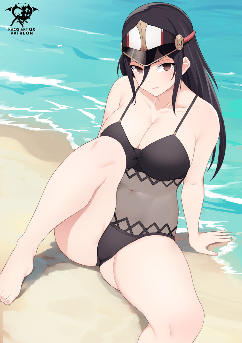 1girl alternate_breast_size arm_support artist_logo artist_name barefoot beach black_hair black_one-piece_swimsuit breasts brown_eyes cleavage closed_mouth collarbone covered_navel day feet foot_out_of_frame hair_between_eyes highres kaos_art knee_up large_breasts long_hair looking_at_viewer morag_ladair_(obligatory_leave)_(xenoblade) morag_ladair_(xenoblade) one-piece_swimsuit outdoors paid_reward_available see-through_swimsuit sidelocks solo swimsuit thighs toenails toes visor_cap xenoblade_chronicles_(series) xenoblade_chronicles_2