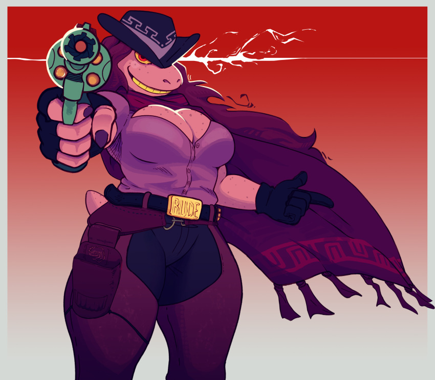 2024 absurd_res belt belt_buckle breasts buffysaintfury cleavage clothed clothing cowboy_hat cowboy_outfit deltarune digital_media_(artwork) female fingerless_gloves freckled_breasts freckles gloves gun hair handgun handwear hat headgear headwear hi_res holding_gun holding_object holding_ranged_weapon holding_weapon holster looking_at_viewer mammal pointing_gun pointing_gun_at_viewer poncho ranged_weapon reptile scalie simple_background smile solo susie_(deltarune) tail undertale_(series) weapon